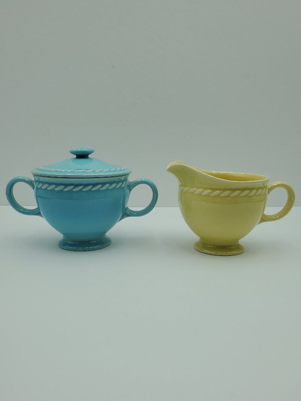 Universal Potteries Rodeo Yellow Creamer and Turquoise Blue Sugar Bowl with Lid